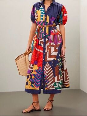 Carolina K Valerie Pleated Geometric Print Puff Sleeve  Kaftan Dress Size S